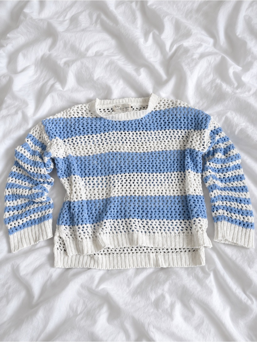 Vintage Blue and White Striped Open-Knit Crew Sweater